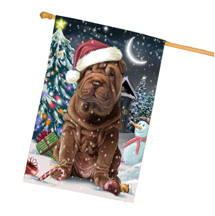 Have a Holly Jolly Christmas Shar-Pei Dog in Holiday Background House Flag