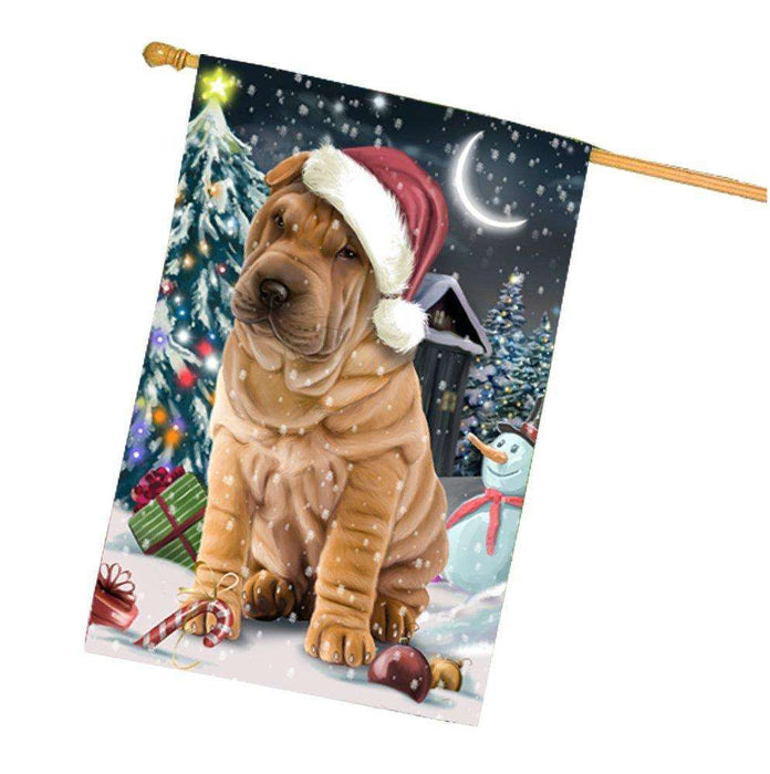 Have a Holly Jolly Christmas Shar-Pei Dog in Holiday Background House Flag