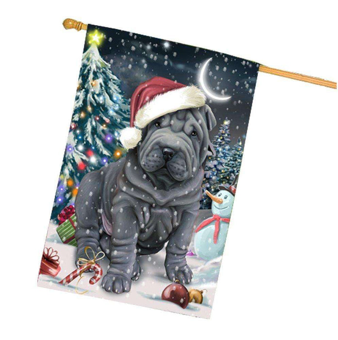 Have a Holly Jolly Christmas Shar-Pei Dog in Holiday Background House Flag