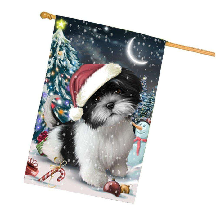 Have a Holly Jolly Christmas Shih Tzu Dog in Holiday Background House Flag