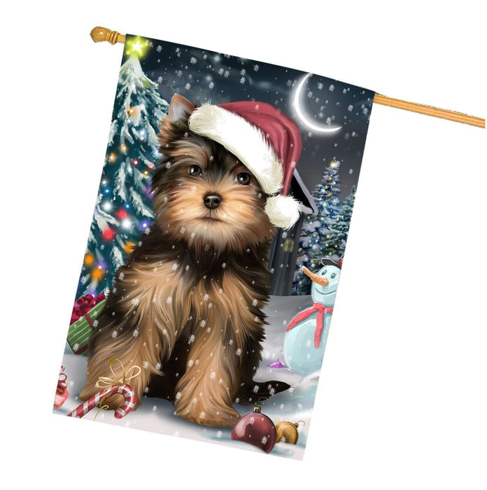 Have a Holly Jolly Christmas Yorkshire Terrier Dog in Holiday Background House Flag