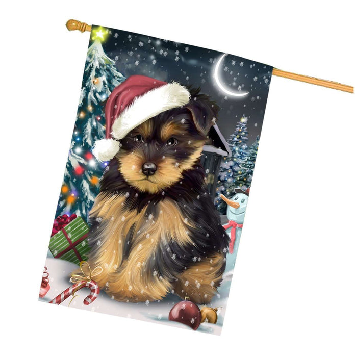 Have a Holly Jolly Christmas Yorkshire Terrier Dog in Holiday Background House Flag