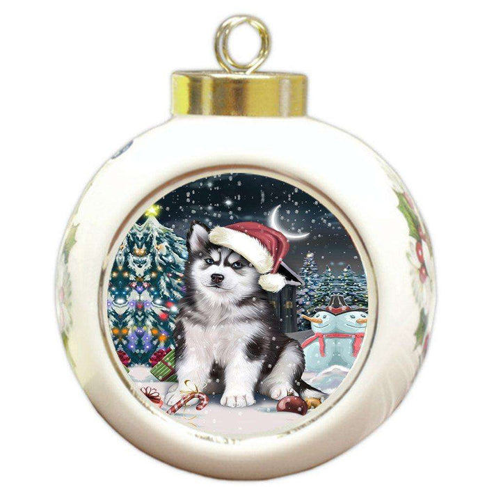 Have a Holly Jolly Husky Dog Christmas Round Ball Ornament POR735