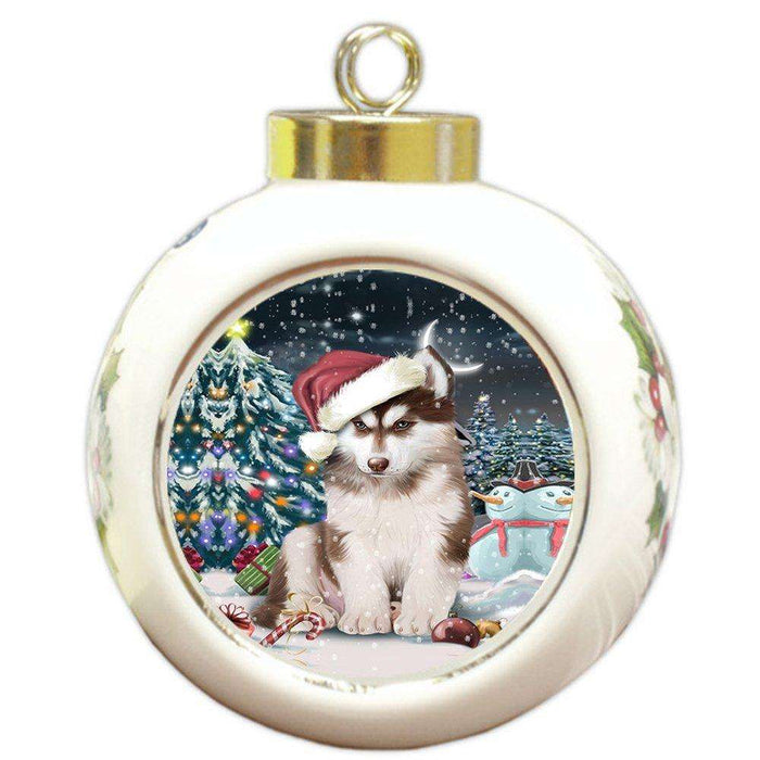 Have a Holly Jolly Husky Dog Christmas Round Ball Ornament POR737