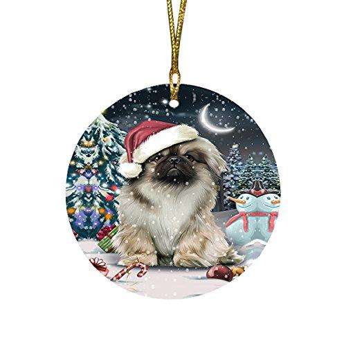 Have a Holly Jolly Pekingese Dog Christmas Round Flat Ornament POR1434
