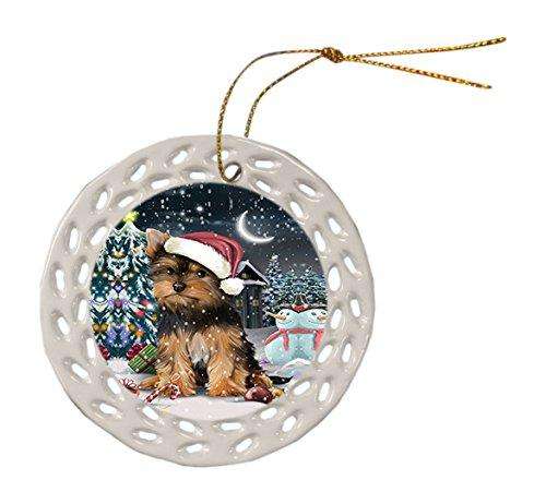 Have a Holly Jolly Yorkshire Terrier Dog Christmas Round Doily Ornament POR167