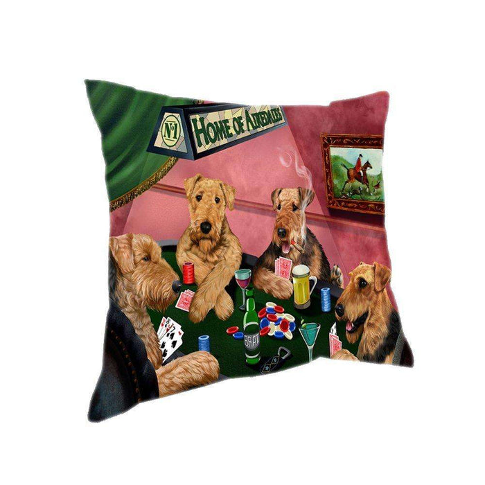 Home of 4 Airedales Dogs Playing Poker Pillow