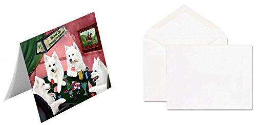 Home of 4 American Eskimo Dogs Playing Poker Handmade Artwork Assorted Pets Greeting Cards and Note Cards with Envelopes for All Occasions and Holiday Seasons