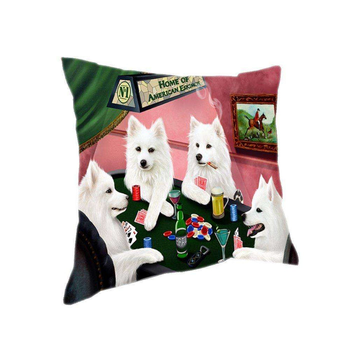 Home of 4 American Eskimos Dogs Playing Poker Pillow