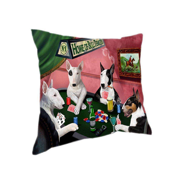 Home of 4 Bull Terriers Dogs Playing Poker Pillow