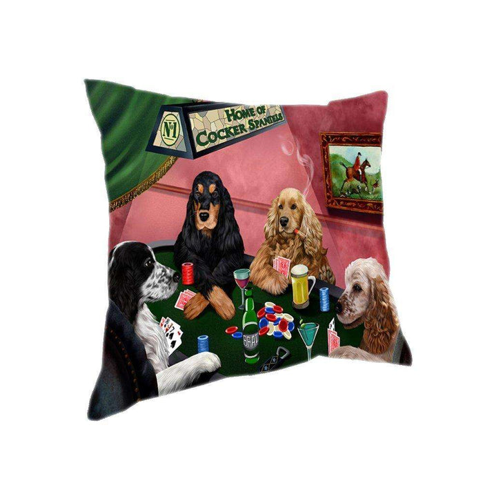 Home of 4 Cocker Spaniel Dogs Playing Poker Pillow