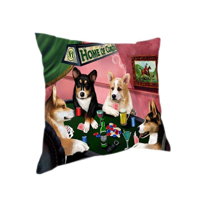 Home of 4 Corgi Dogs Playing Poker Pillow