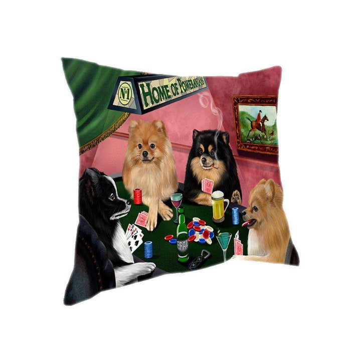 Home of 4 Pomeranian Dogs Playing Poker Pillow