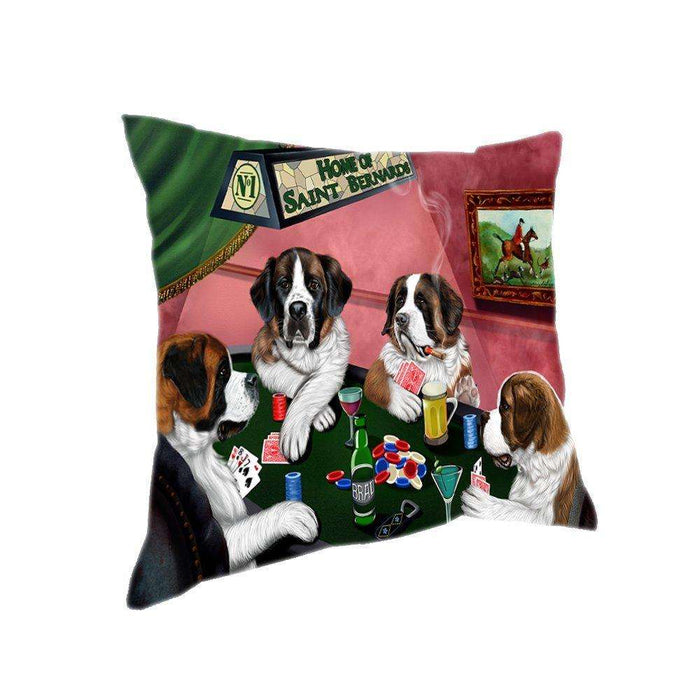 Home of 4 Saint Bernard Dogs Playing Poker Pillow