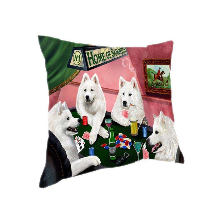 Home of 4 Samoyed Dogs Playing Poker Pillow