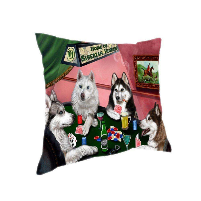Home of 4 Siberian Huskies Dogs Playing Poker Pillow