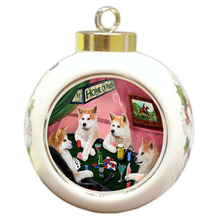 Home of Akita 4 Dogs Playing Poker Round Ball Christmas Ornament RBPOR54344