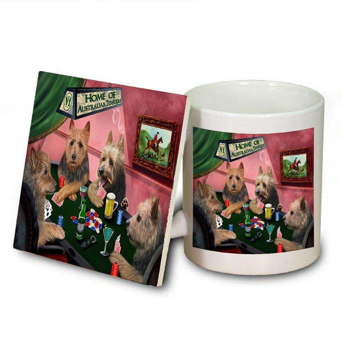 Home of Australian Terriers 4 Dogs Playing Mug and Coaster Set