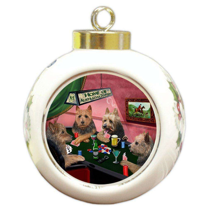 Home of Australian Terriers 4 Dogs Playing Poker Round Ball Christmas Ornament