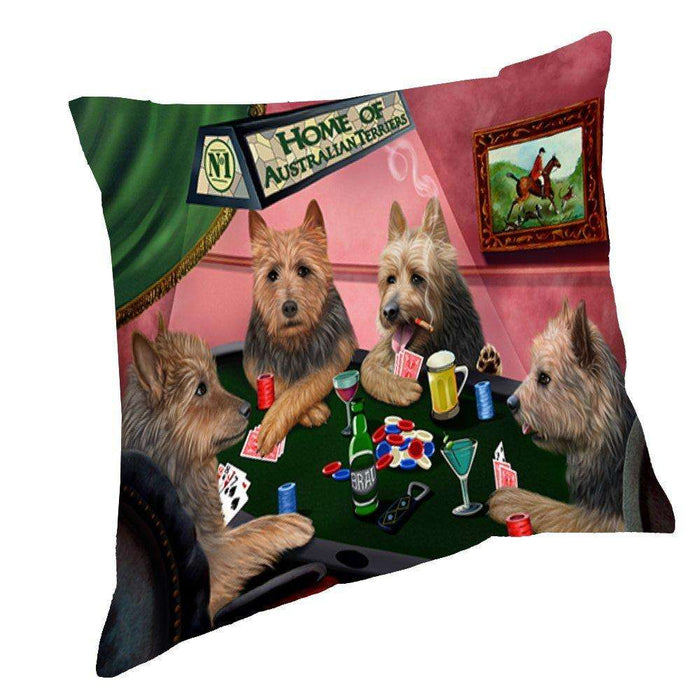 Home of Australian Terriers 4 Dogs Playing Poker Throw Pillow