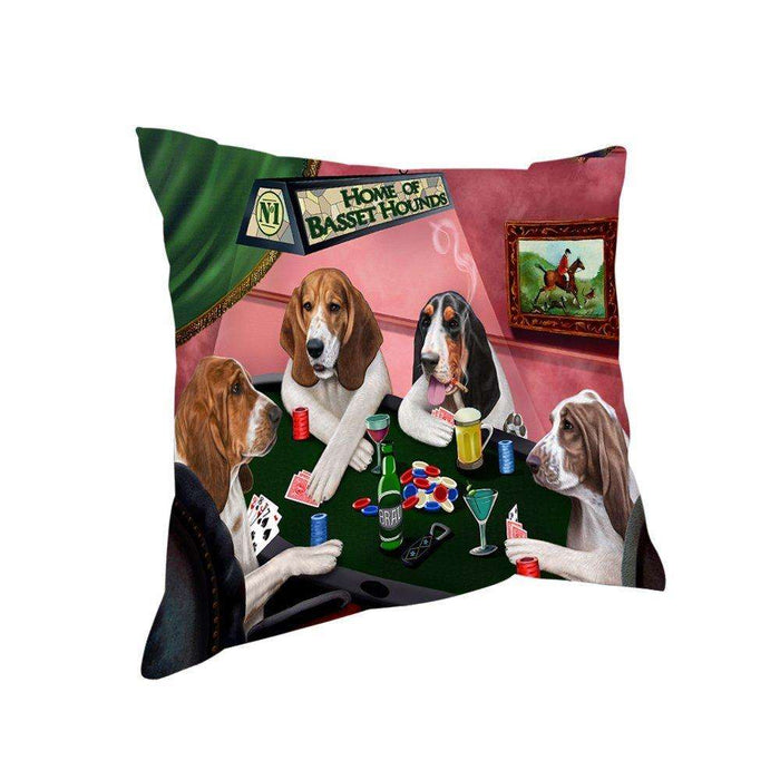 Home of Basset Hounds 4 Dogs Playing Poker Throw Pillow