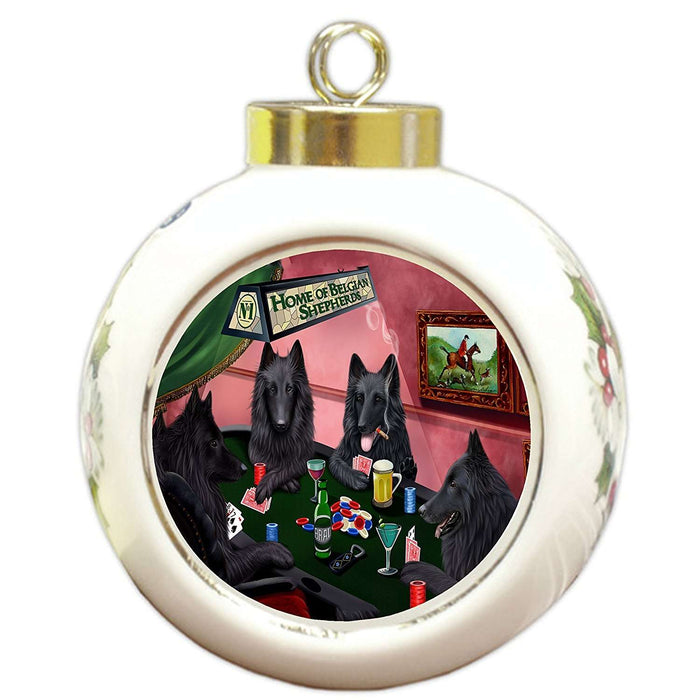 Home of Belgian Shepherd 4 Dogs Playing Poker Round Ball Christmas Ornament