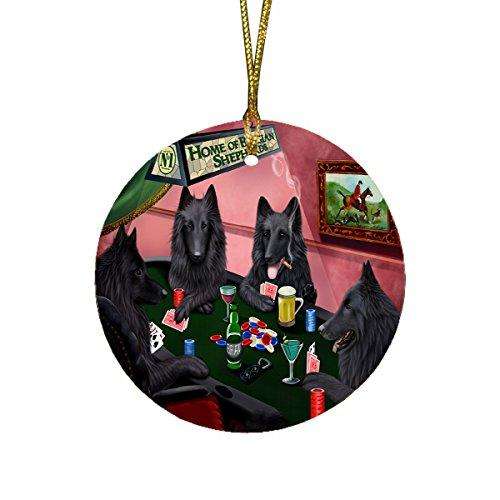 Home of Belgian Shepherd 4 Dogs Playing Poker Round Christmas Ornament