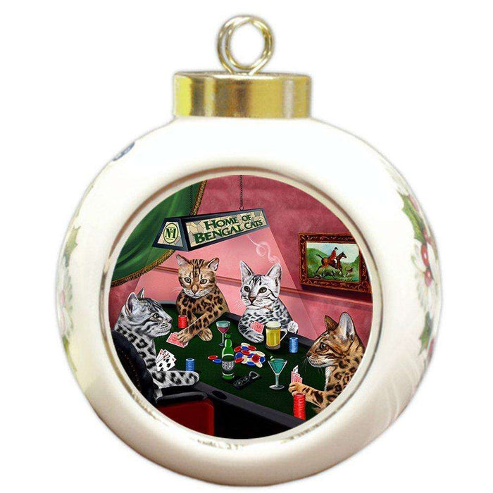Home of Bengal Cats 4 Dogs Playing Poker Round Ball Christmas Ornament