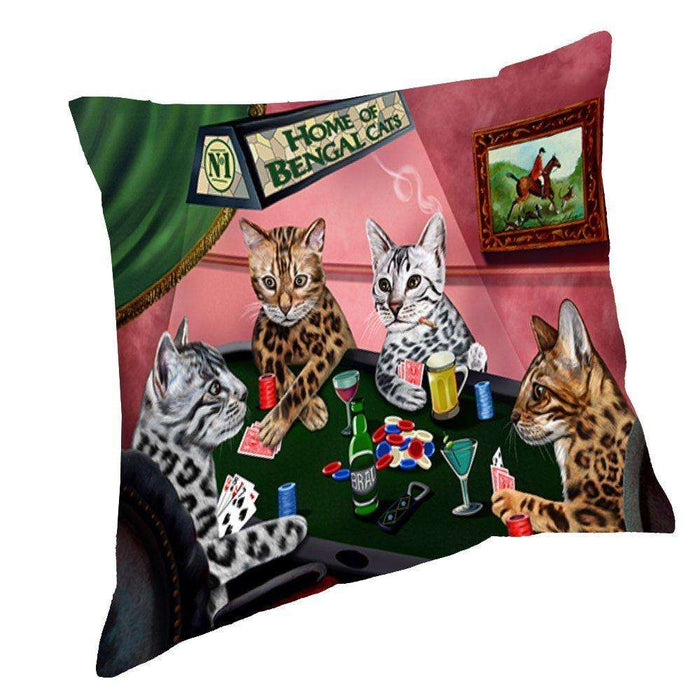 Home of Bengal Cats 4 Dogs Playing Poker Throw Pillow