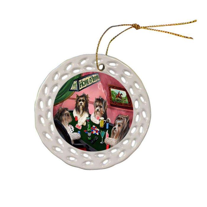 Home of Biewer Terrier 4 Dogs Playing Poker Ceramic Doily Ornament DPOR54345