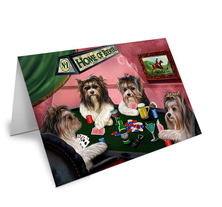 Home of Biewer Terrier 4 Dogs Playing Poker Handmade Artwork Assorted Pets Greeting Cards and Note Cards with Envelopes for All Occasions and Holiday Seasons GCD67064