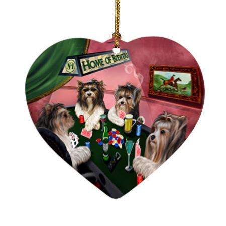 Home of Biewer Terrier 4 Dogs Playing Poker Heart Christmas Ornament HPOR54345
