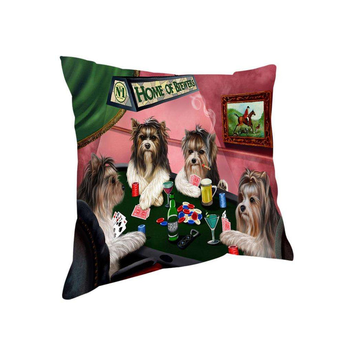 Home of Biewer Terrier 4 Dogs Playing Poker Pillow PIL74004