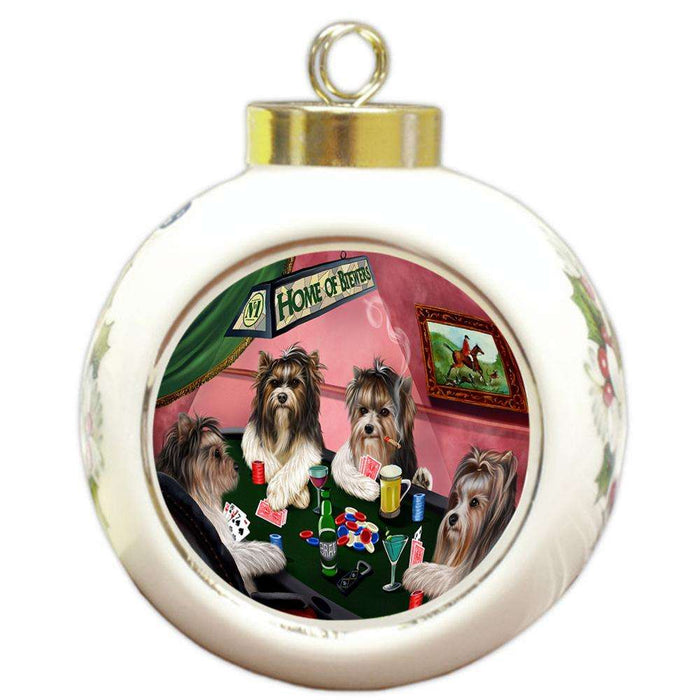 Home of Biewer Terrier 4 Dogs Playing Poker Round Ball Christmas Ornament RBPOR54345