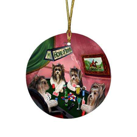Home of Biewer Terrier 4 Dogs Playing Poker Round Flat Christmas Ornament RFPOR54336