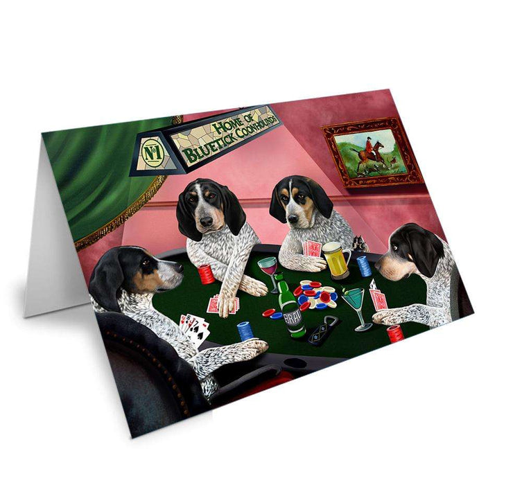 Home of Bluetick Coonhound 4 Dogs Playing Poker Handmade Artwork Assorted Pets Greeting Cards and Note Cards with Envelopes for All Occasions and Holiday Seasons GCD67067