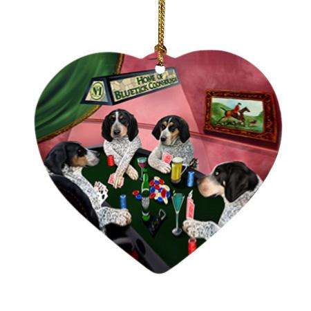 Home of Bluetick Coonhound 4 Dogs Playing Poker Heart Christmas Ornament HPOR54346