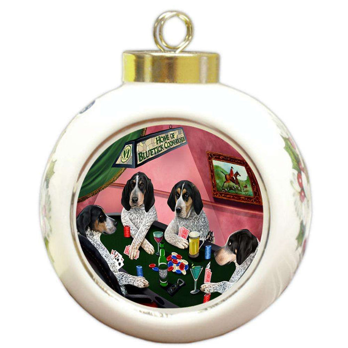 Home of Bluetick Coonhound 4 Dogs Playing Poker Round Ball Christmas Ornament RBPOR54346