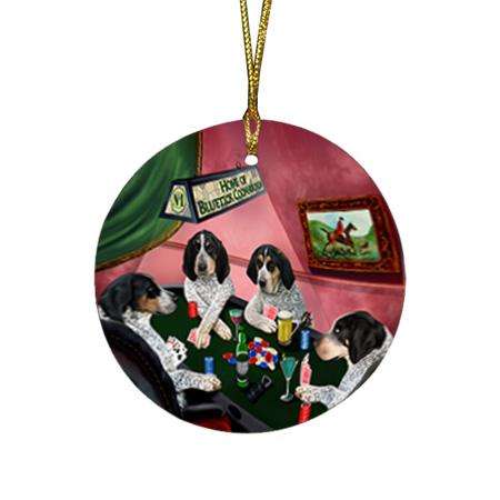 Home of Bluetick Coonhound 4 Dogs Playing Poker Round Flat Christmas Ornament RFPOR54337