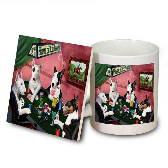 Home of Bull Terrier 4 Dogs Playing Poker Mug and Coaster Set