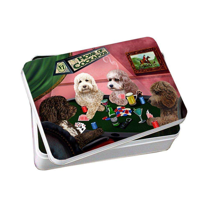 Home of Cockapoo 4 Dogs Playing Poker Photo Storage Tin