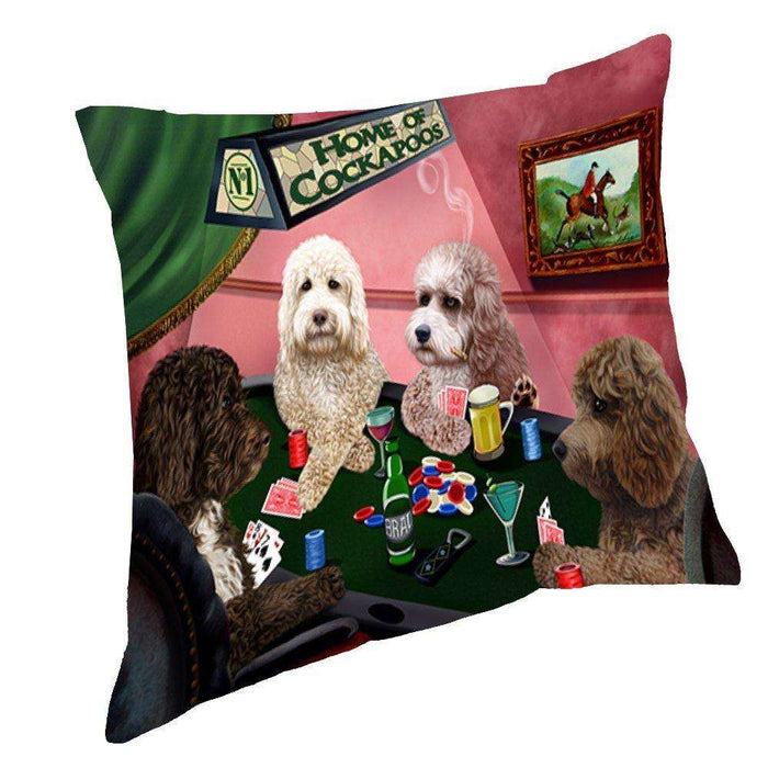 Home of Cockapoo 4 Dogs Playing Poker Throw Pillow