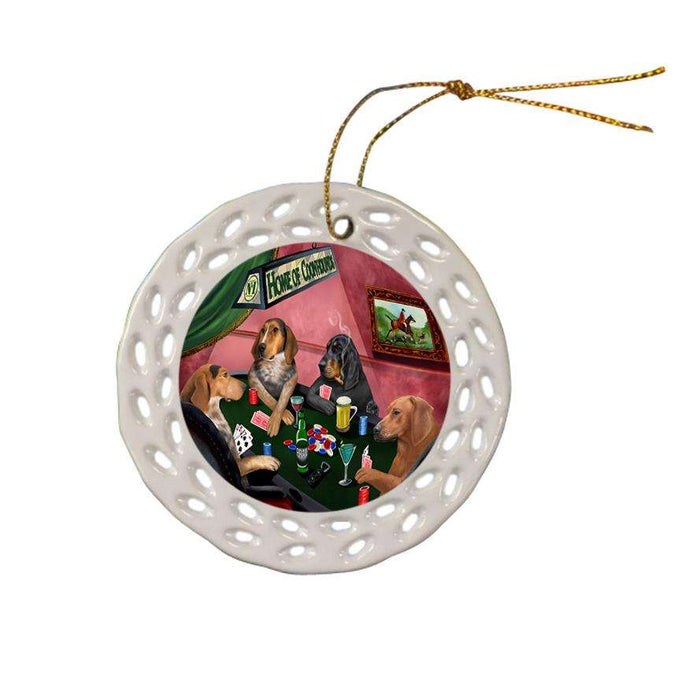 Home of Coonhound 4 Dogs Playing Poker Ceramic Doily Ornament DPOR54347