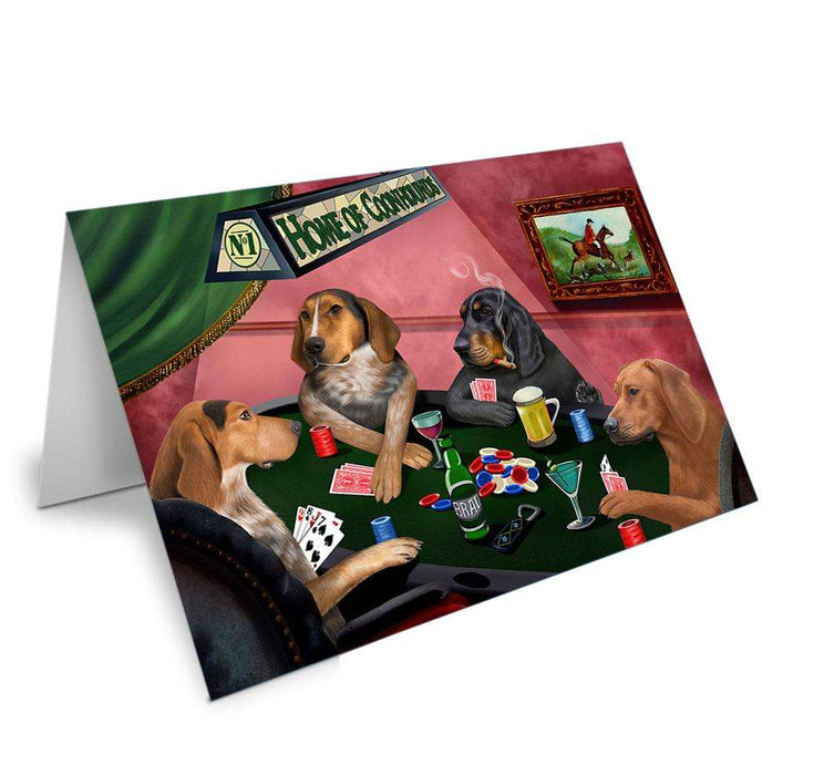 Home of Coonhound 4 Dogs Playing Poker Handmade Artwork Assorted Pets Greeting Cards and Note Cards with Envelopes for All Occasions and Holiday Seasons GCD67070