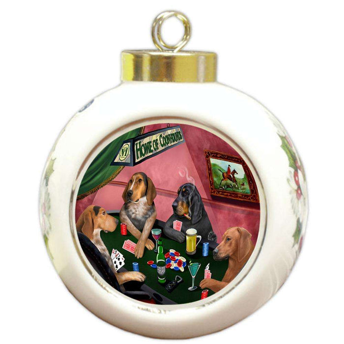 Home of Coonhound 4 Dogs Playing Poker Round Ball Christmas Ornament RBPOR54347