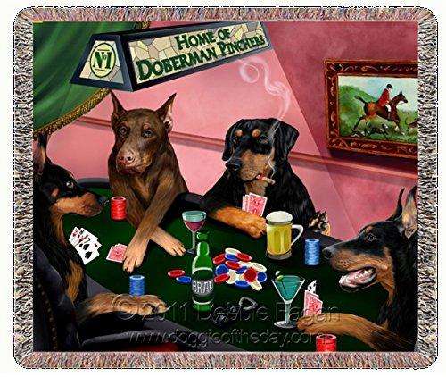 Home of Doberman Pinschers Woven Throw Blanket 54 x 38 - 4 Dogs Playing Poker