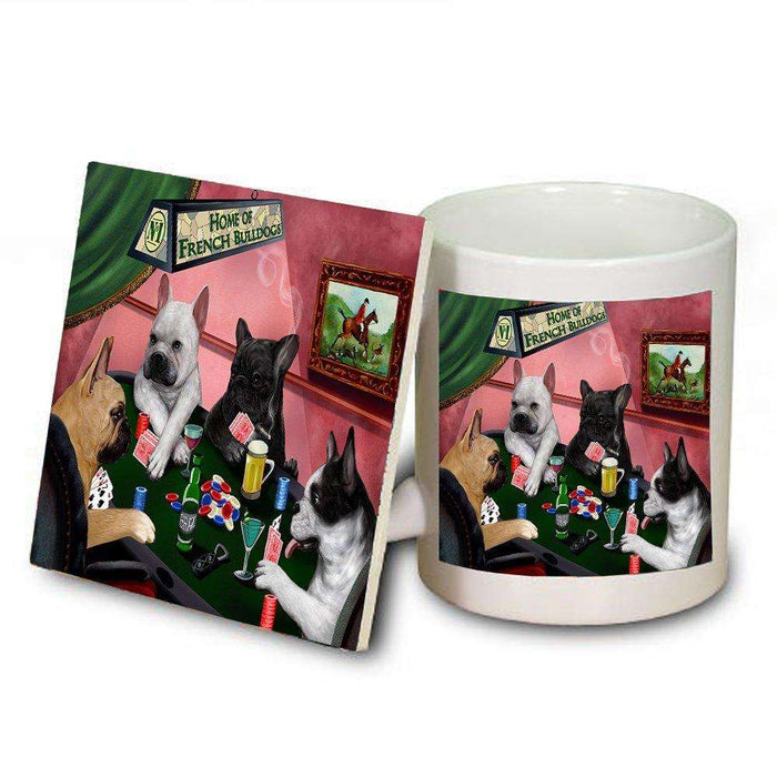 Home of French Bulldog 4 Dogs Playing Poker Mug and Coaster Set