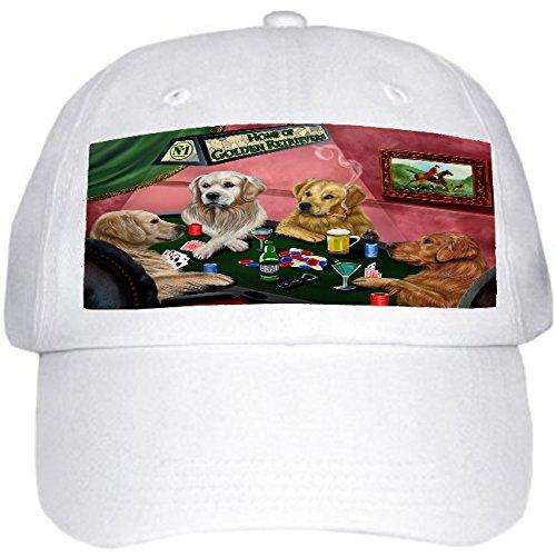 Home of Golden Retrievers 4 Dogs Playing Poker Hat White