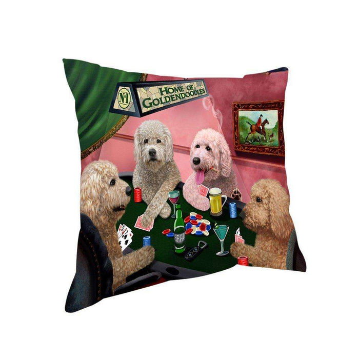 Home of Goldendoodles 4 Dogs Playing Poker Throw Pillow
