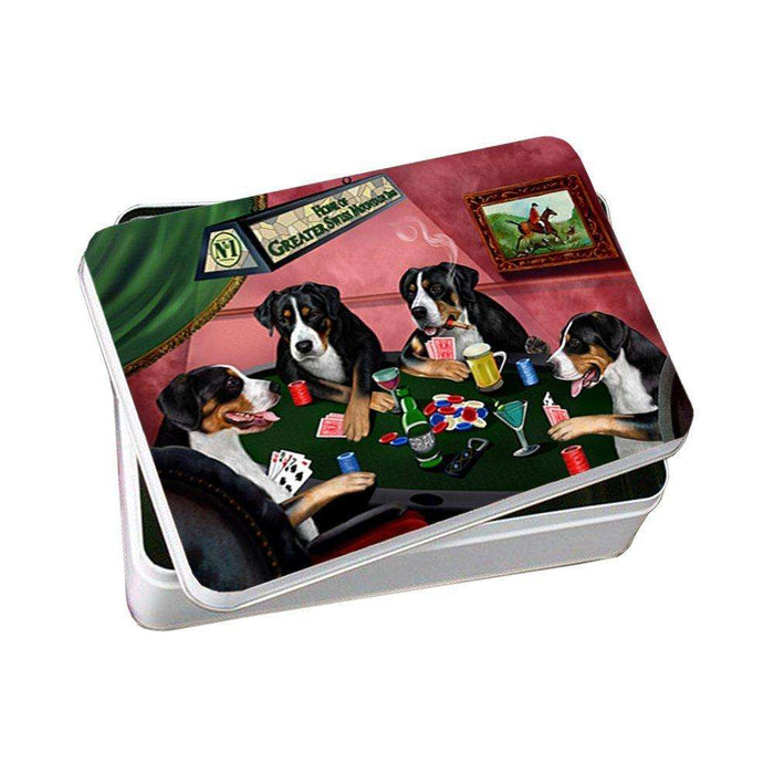 Home of Greater Swiss Mountain 4 Dogs Playing Poker Photo Storage Tin
